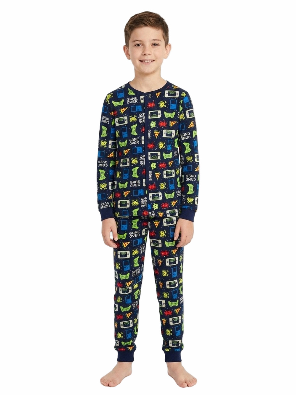 Kids Navy Video Game Print Pajama Onsies Footless Blue, Green, Red Youth Boy XL
